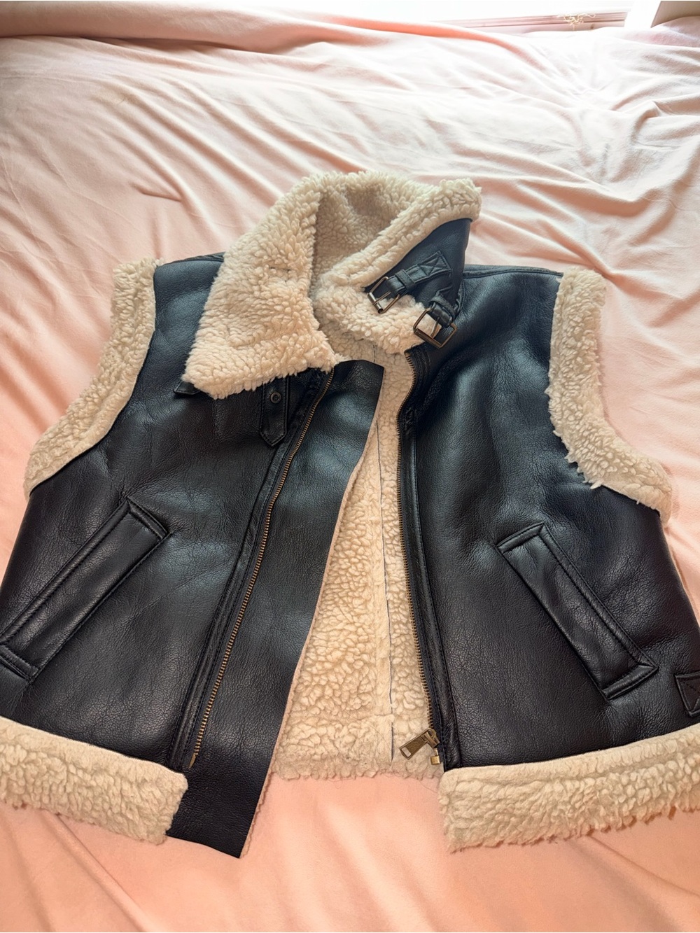 Women’s Black Leather Shearling Vest with Cream Lining